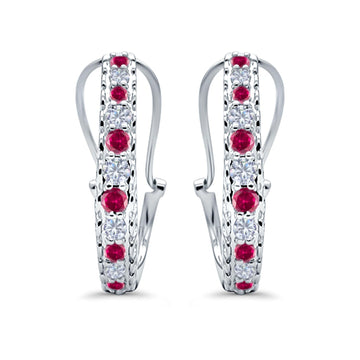 Half Eternity Huggie Hoop Earrings Round Simulated Ruby CZ 925 Sterling Silver (18mm)